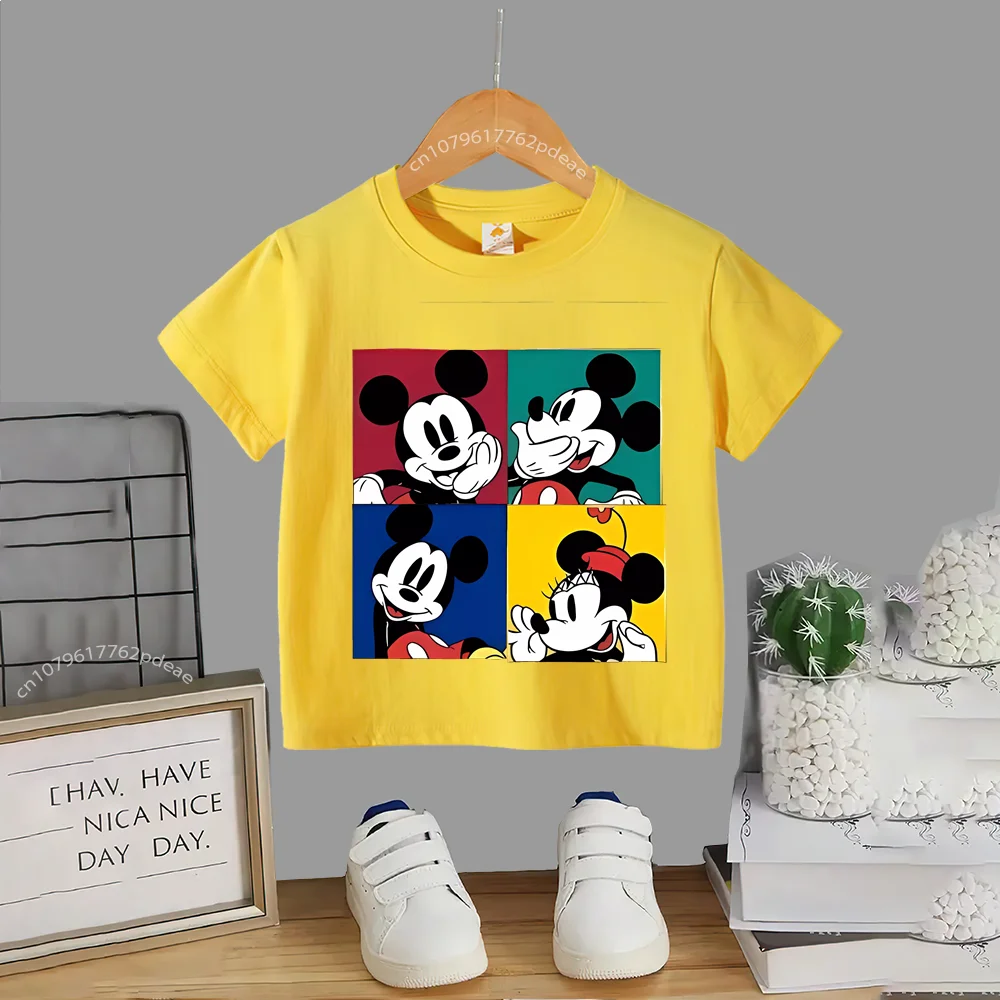 Disney Street Teen 100% Cotton T-shirt Kids Cartoon Mickey Outdoor Comfortable Casual crew neck T-shirt Boys Girls short sleeve 3