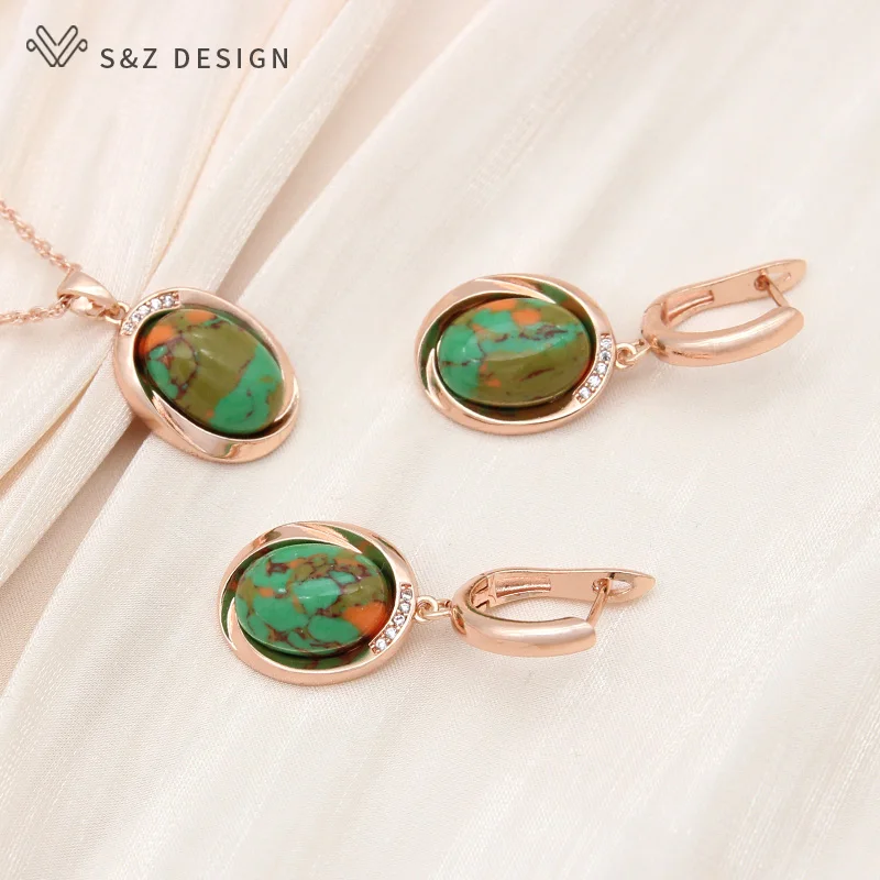 S&Z DESIGN New 585 Rose Gold Color Egg Shape Synthetic Turquoises Drop Earrings Jewelry Sets For Women Wedding Pendant Necklace