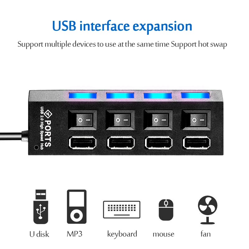 USB Hub Adapter 7 Port 2.0 Multi Splitter Power Adapter 4/7 Port Multiple Expander 3.0 with Switch Cable