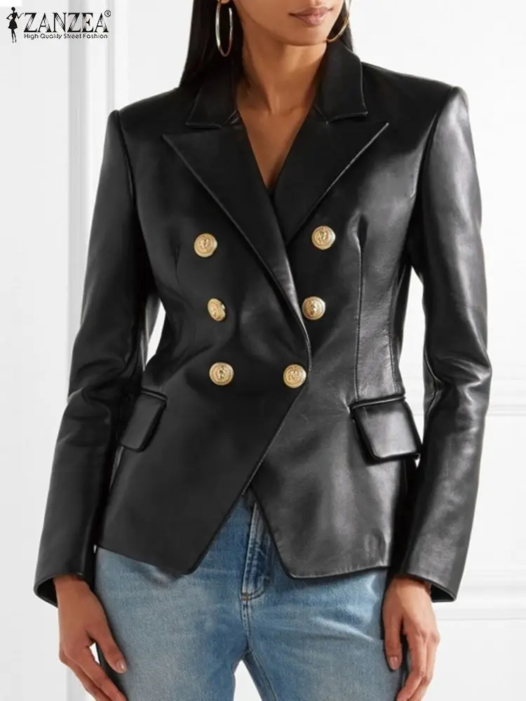 

Куртка ZANZEA женская из искусственной кожи, осень 2023, Тонкий Блейзер на пуговицах, винтажное пальто с длинным рукавом, Повседневная однотонная Рабочая верхняя одежда с отложным воротником