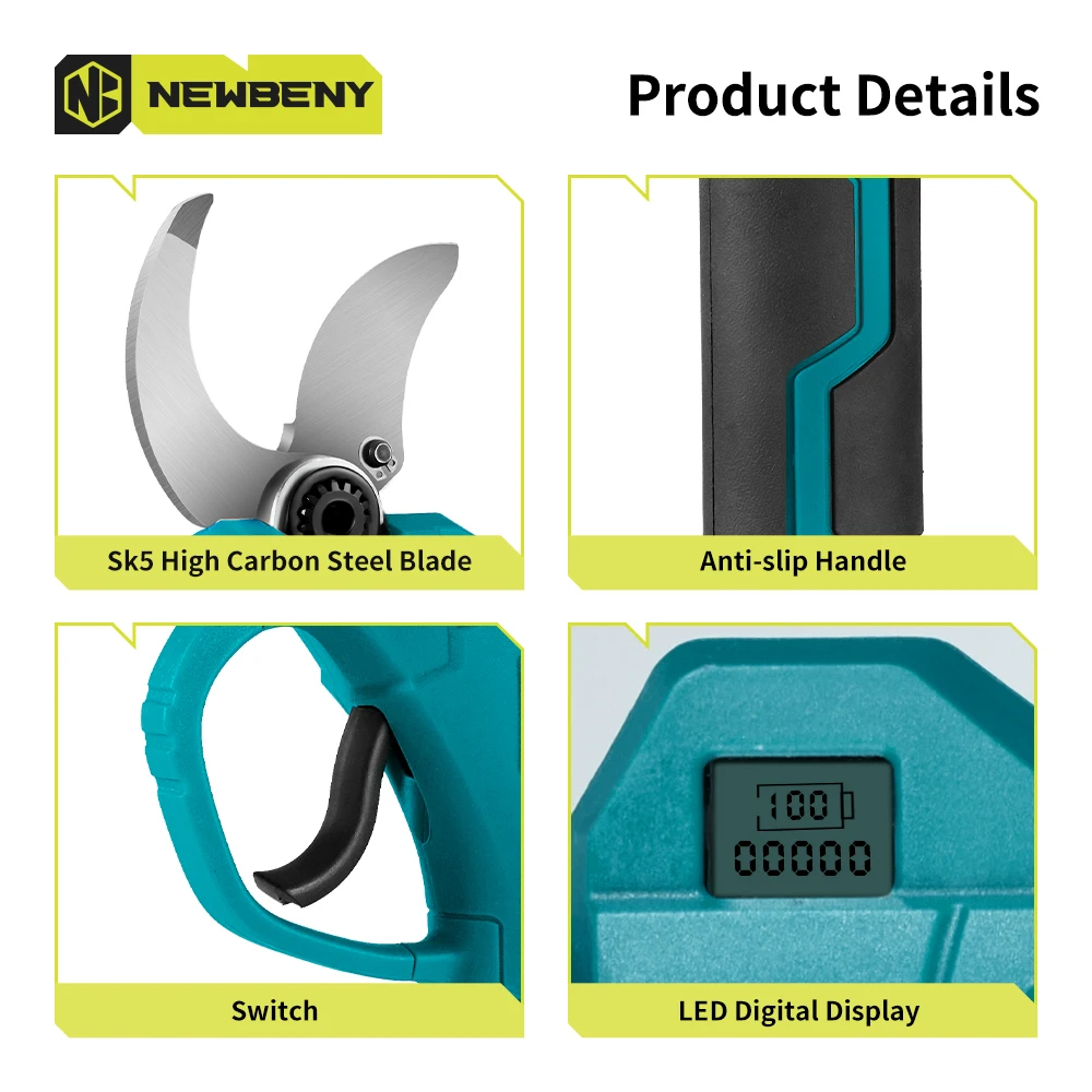 NEWBENY 45mm Brushless Electric Pruning Shears 2 Gears Cordless Fruit Tree Branches Garden Beautify Tools For Makita 18V Battery 5