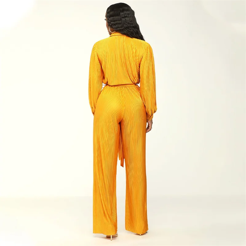 Fashion Lapel Button Half Cardigan Jumpsuit With Belt Women Loose Straight Long Pants Female Comfortable Commuter Casual Rompers