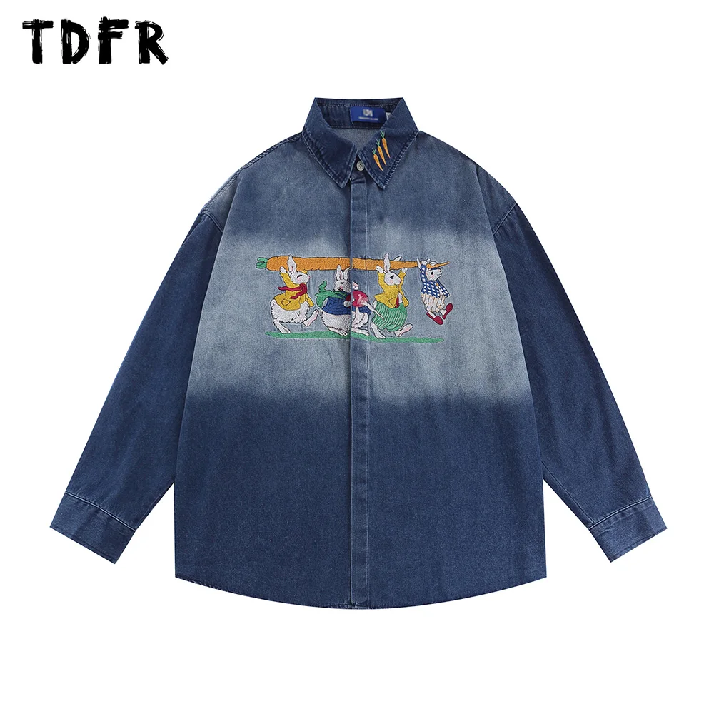 

Rabbit Embroidery Denim Shirts Mens Autumn Retro Distressed Casual Loose Lapel Long Sleeve Shirts Men