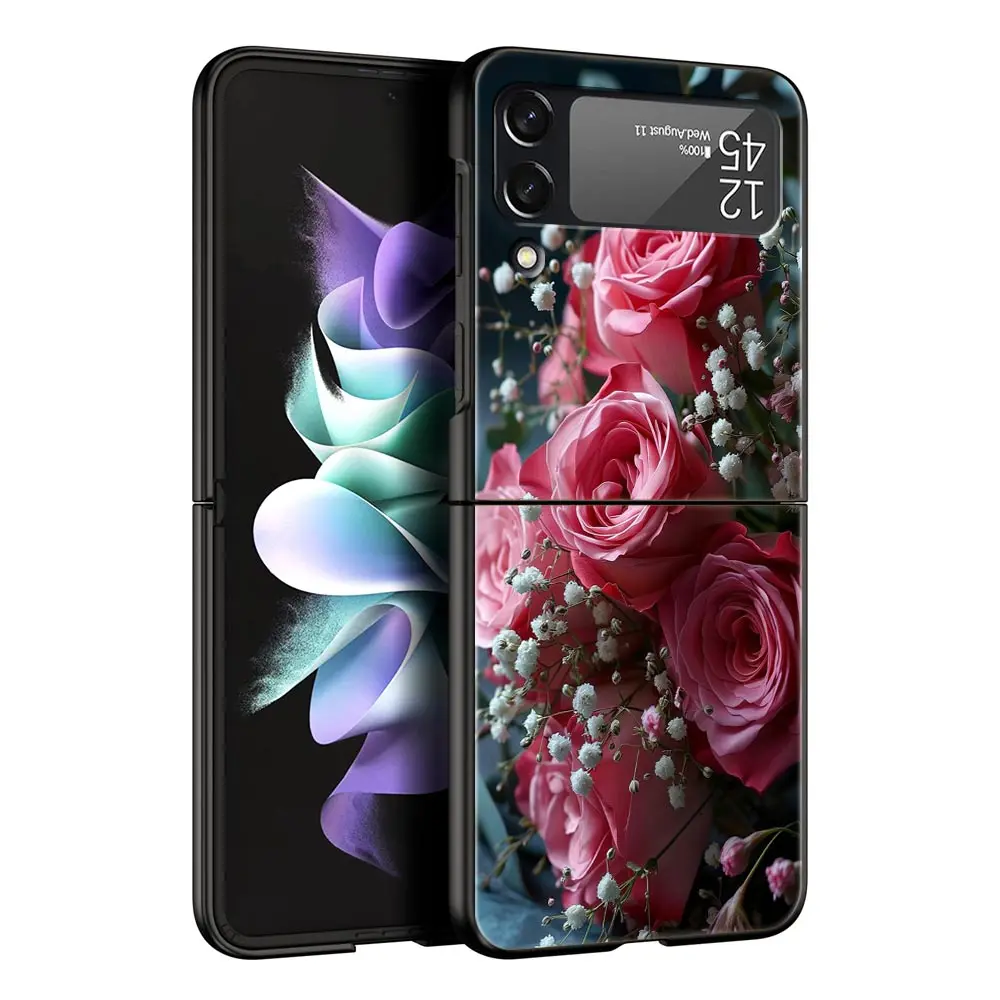 Elegant Red Rose Floral Phone Case - Black Hard Folding Cover