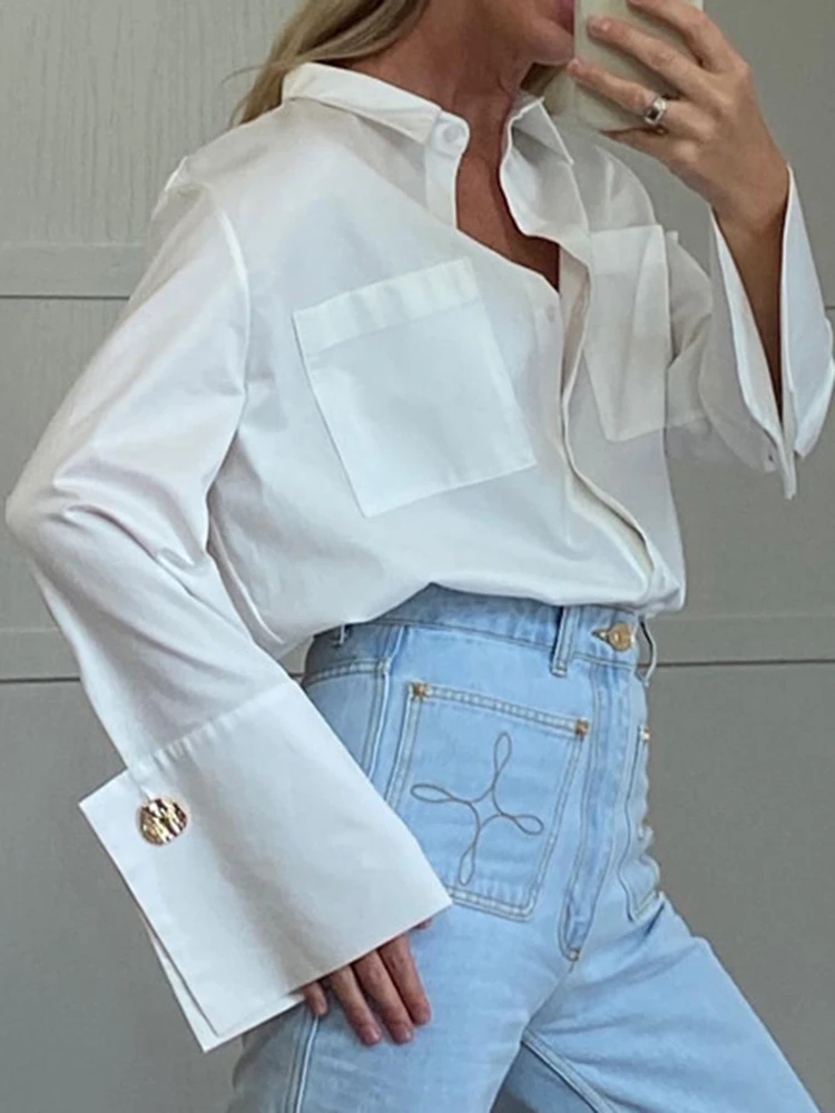 

White Shirt Women Elegant Casual Lapel Blouse Autumn Office Lady Solid Long Sleeve Shirt Female Fashion Aesthetic Button Tops