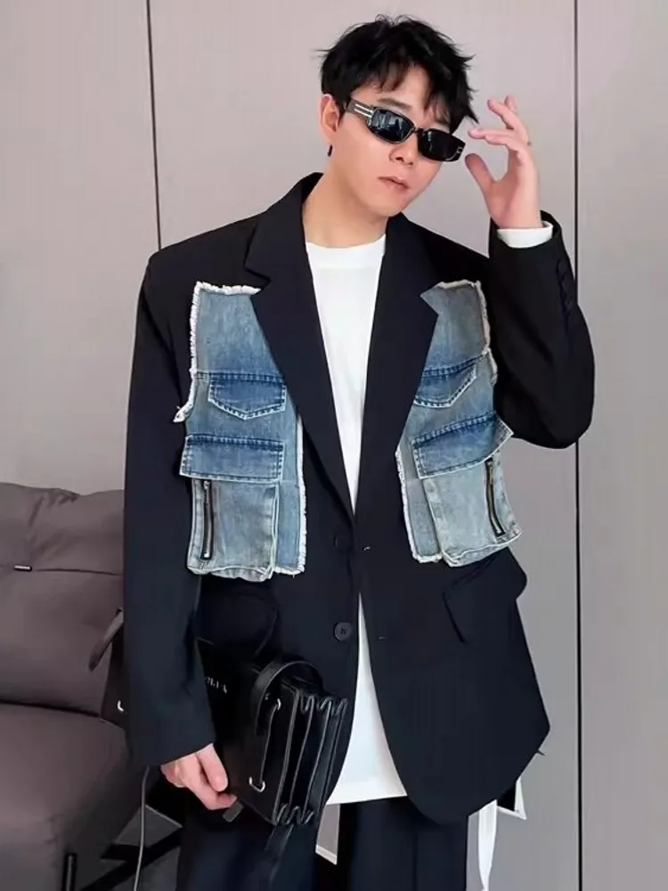 Mens Denim Spliced Casual Blazer Loose Fit Single Breasted Party Suit Coat Spring Designer Shoulder Pad Business Work Blazers