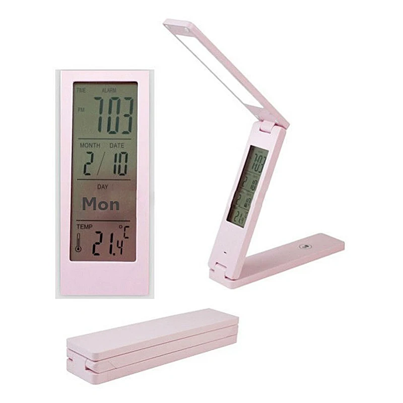 USB 접이식 터치 충전식 LED 책상 램프, 알람 시계 포함, 창의적인 영원한 달력, 다기능 공부 독서 침실