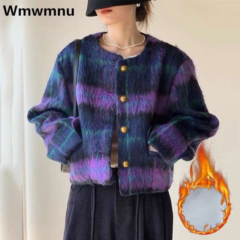 

Warm Vintage Plaid Tweed Jackets Winter Womens Korean Fashion Coats Thicken Loose Wool Blends Chaquetas Big Size 80kg Outwears