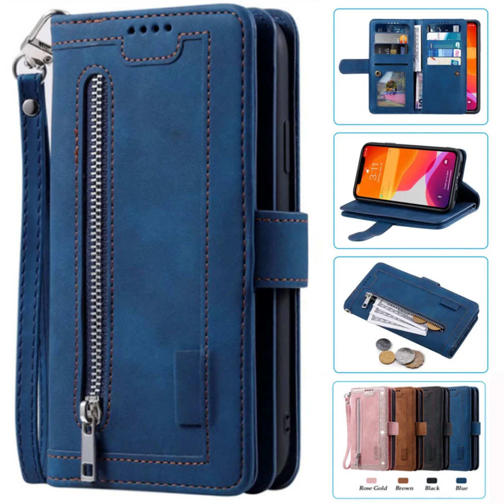 

For Redmi Note 11 SE (India) Case Card Slot Zipper Flip Folio with Wrist Strap For Redmi Note 11 SE Cover 9 Cards Wallet Case
