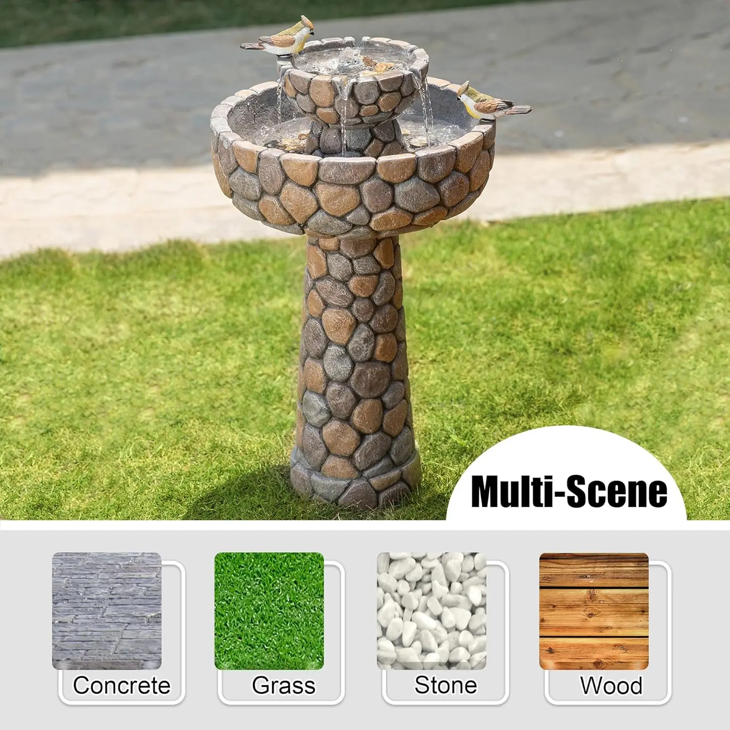 Tier Stone Like Outdoor Water Fountain with Birds, Bird Bath Outdoor Waterfall Fountain Decor, Freestanding Water