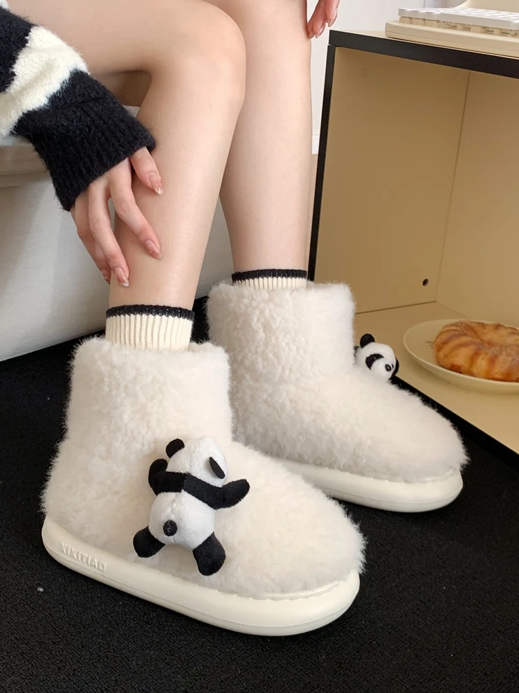 Versatile Lamb Wool Cotton Shoes Cute Panda Snow Boots Winter Lying Down Bear Indoor Household Snow Boots Fur Boots