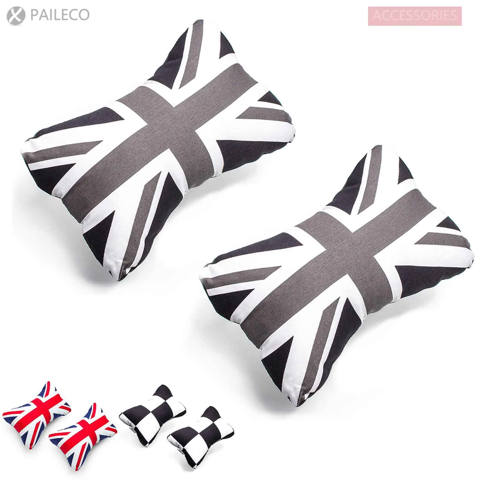 Paileco 2pcs Neck Pillow ( Union Jack, Checkered, Coton)mini cooper