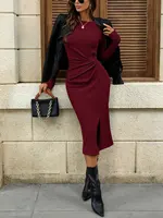 Women's Solid Color Round Neck Belted Slit Hem Midi Dress Casual Long Sleeve Shift Office Autumn - Image 3