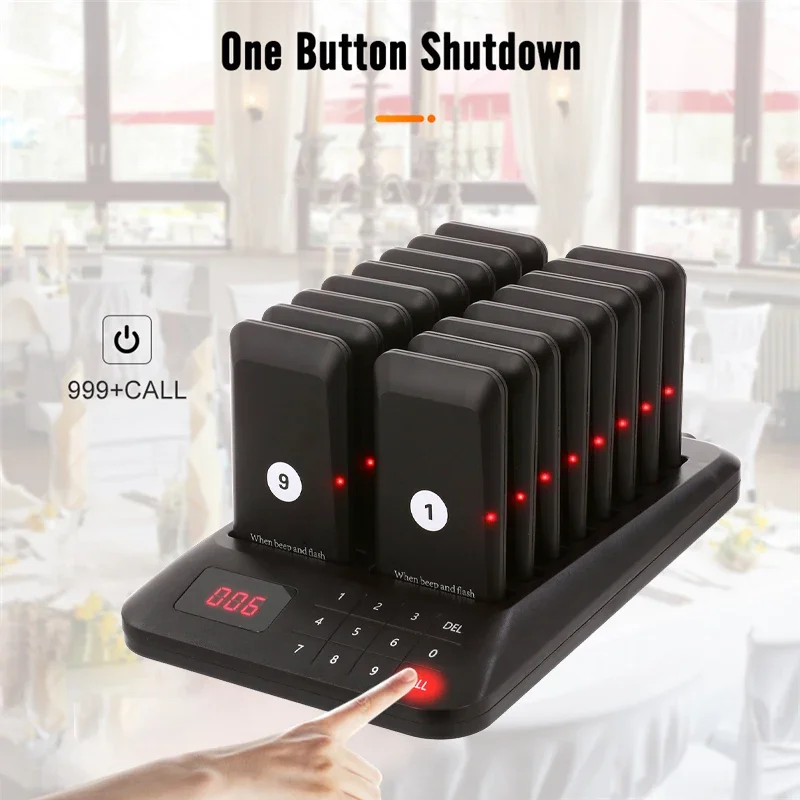 Wireless Calling System Buzzer Restaurant Bar 16 Pager Receiver 1 Keypad Transmitter Guest Paging Cafe Coaster 1071568 wireless calling system