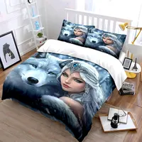 Ensemble de housse de couette imprimée princesse et loup, 3 pièces, literie de style King Queen, chambre d'hôtes, cadeau (1 housse de couette et 2 taies d'oreiller) 1