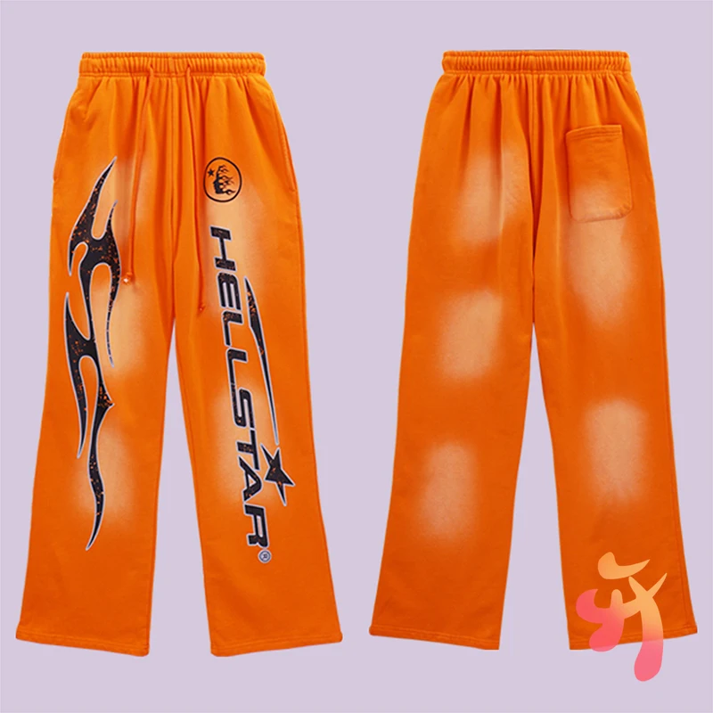 

Orange Vintage HELLSTAR Pants Hiphip Street Flame Portrait Drawstring Trousers Casual Oversized Men Women Hell Star Sweatpants