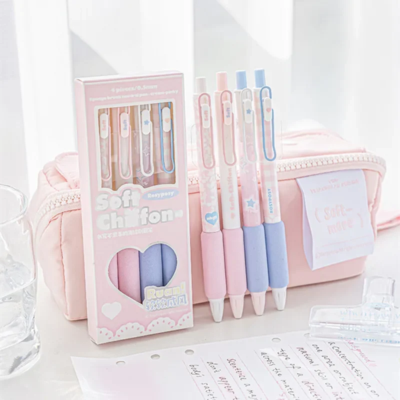 

4pcs/box Sweet Kawaii Gel Pen for Student Korean Fashion Pink Blue Color Star Plaid Gel Pens Lovely School Writing Supplies