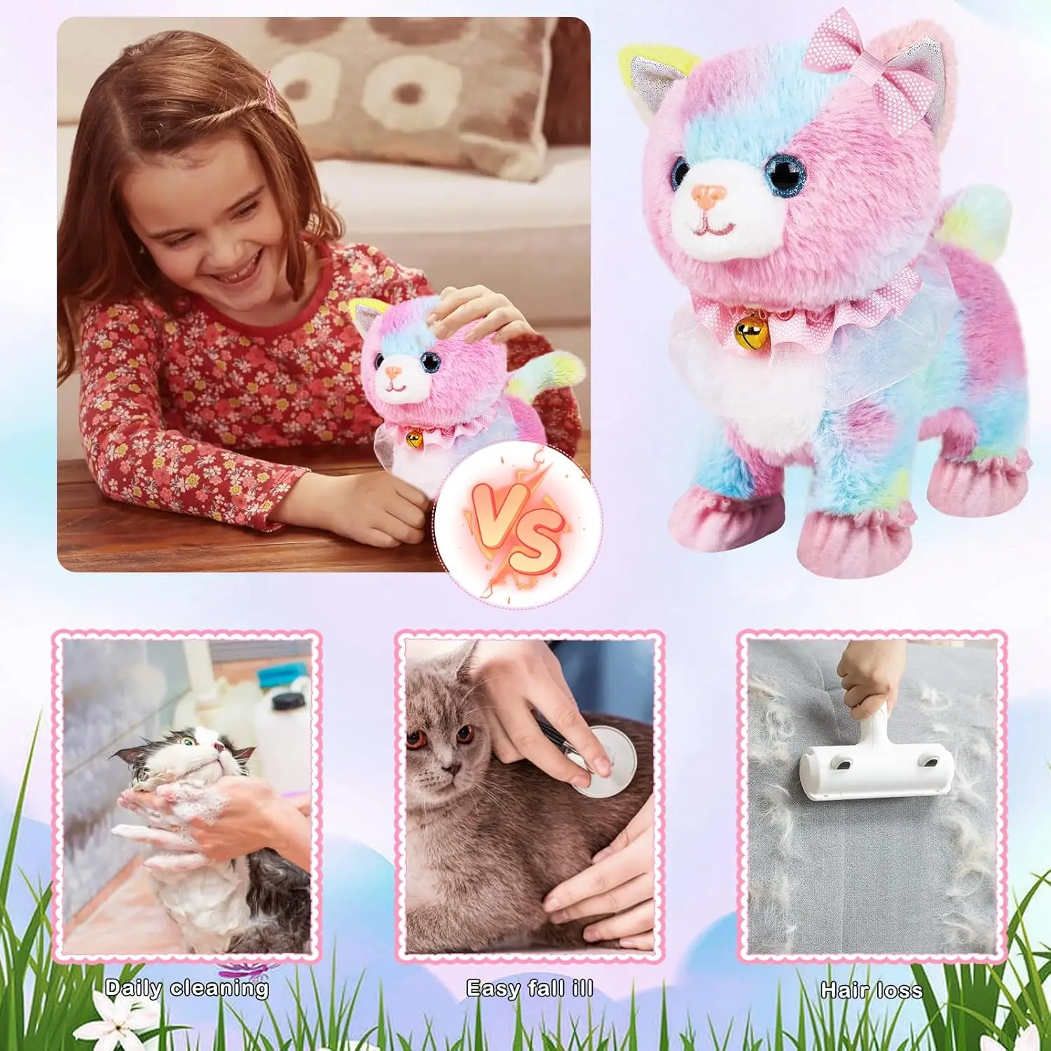 Touch&Voice Controlled Remote Lifelike Walking Cat Toy with Leash,Can Walk, Meow, and Wags Tail, Best Gift for Girls Ages 3+ 5