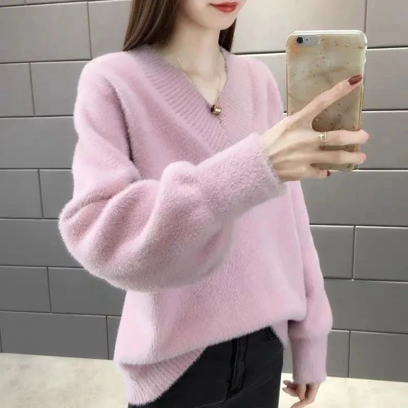 

2023 Spring Fall V-neck Mink Cashmere Sweater Women's Pullovers Korean Loose Outer Wear Knitwear Female Thick Knit Jumper Full