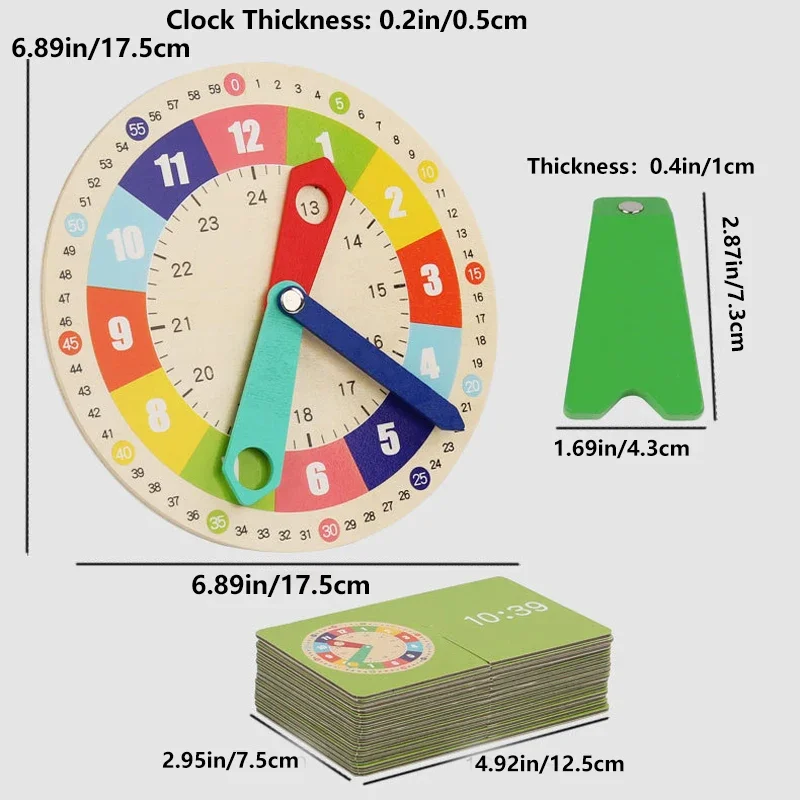 Wooden Clock Model Teaching Aid Montessori Learning Clocks with Cards Kindergartner Toys for School Interaction Playroom Wall 3