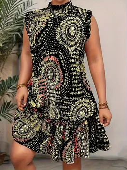 Plus Size Ethnic Printed Ruffled Trim High-Neck Sleeveless Mini Dress Retro Elegant Party Dresses Curvy Woman Dresses Extra Size