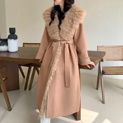 Lady's Wool Coat with Real Fox Fur Trim Collar Fashion Ins Fox Fur Jacket Women Autumn Winter Clothing