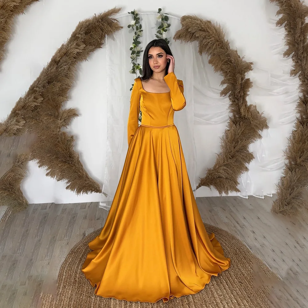 

Gold Satin A Line Saudi Arabic Evening Dresses Long Sleeve Sequare Neck Dubai Prom Party Gowns Plus Size Long Women Formal Dress