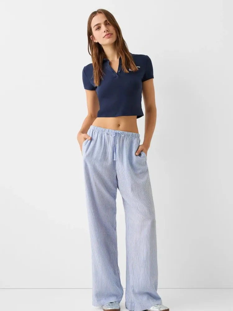 Drawstring Loose Casual Female Summer Long Trouser Cotton Stripe High Waist Fashion Vacation Beach Women Wide Leg Pant 2024 New