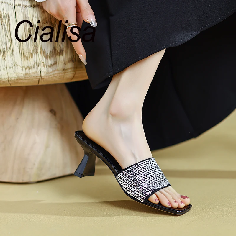 

Cialisa Fashion Open-Toed Slipper 2023 Summer Women Shoes Elegant Rhinestone High Heel Slippers Lady Handmade Footwear Silver 40