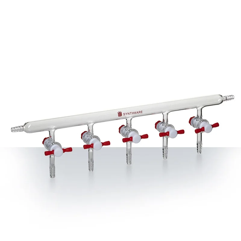 SYNTHWARE 단일 열 파이프 진공 가스 디스트리뷰터, 진공 매니폴드, PTFE 스톱코크, 붕규산염 유리, M49