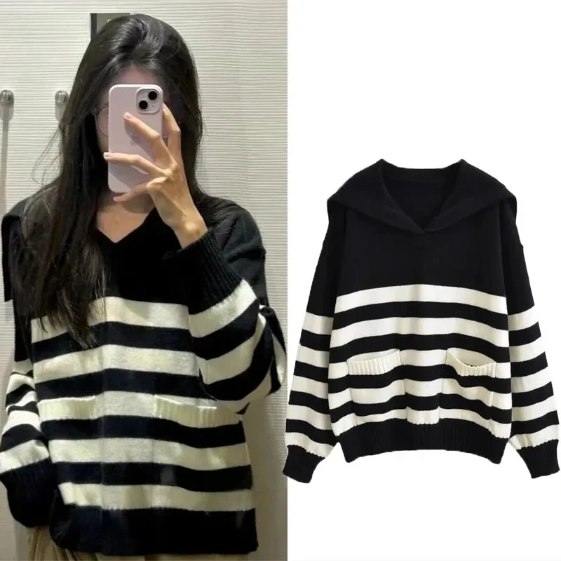 

Свитер женский трикотажный в полоску, с длинными рукавами и передними карманами