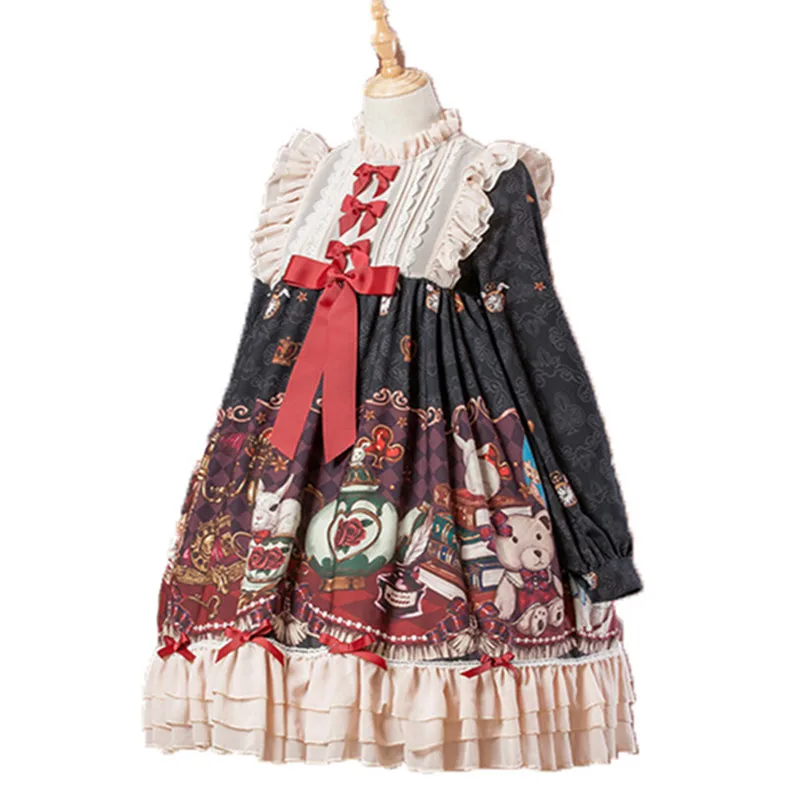 

Black Lolita Dress Long Sleeve Crown Bear Printed Chiffon Lolita One Piece Dress With Pleated Ruffles