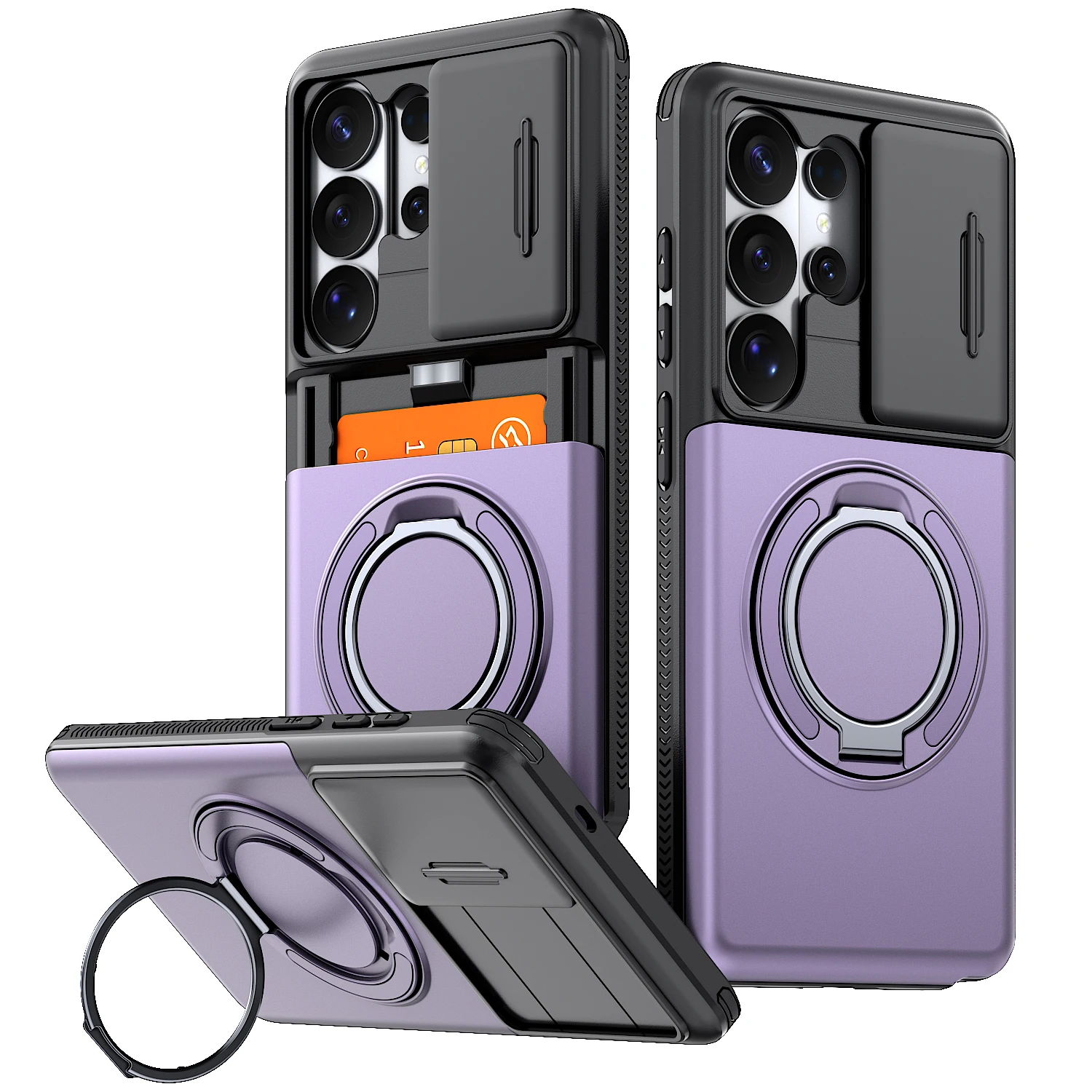 Enhanced Shockproof Protective Case with Slide Camera Cover, Rotating Ring Kickstand, and Card Holder