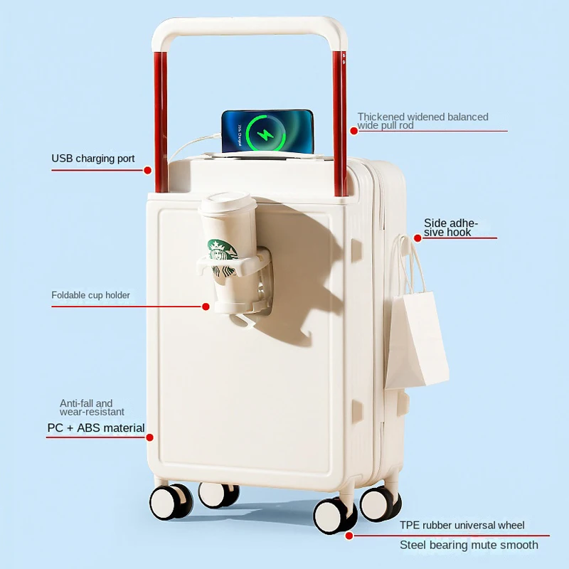 20 Inch Travel Suitcase Carry-On Luggage Trolley Case with Cup Holder USB Charging travel bag,pull bar suitcase