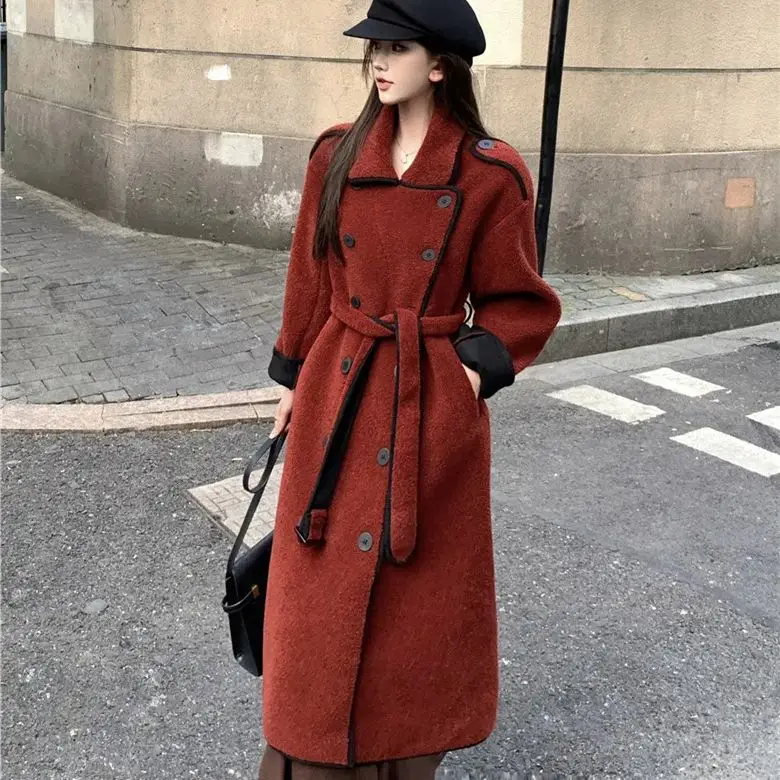 

Hsa Autumn and Winter Thickened Retro Lamb Wool Coat for Women Loose Long Colored Wine red Coat for Women Belt Winter Overcoats