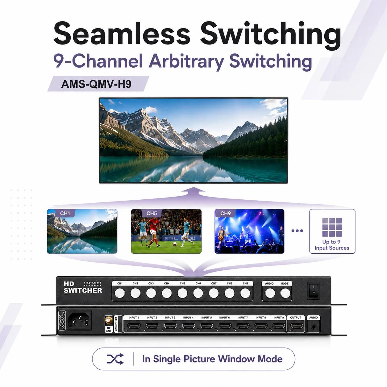 Amoonsky QMV-H4 H9 HD 멀티뷰어 심리스 스위처 4x1 9x1 4K30 오디오 출력 AV 동기화 RF 리모컨