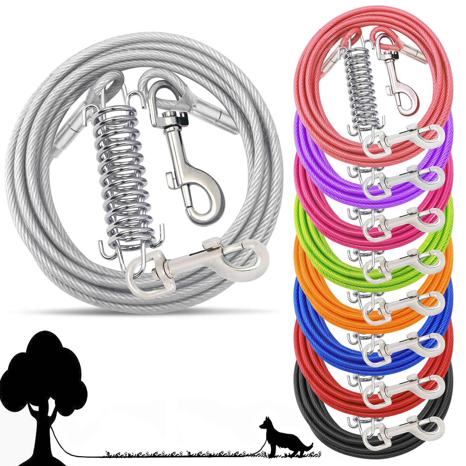 

Double-headed Dog Tie Out Cable with Metal Durable Spring Lengthen Training Dog Leash Steel Wire Dogs Lead for Small Medium Larg
