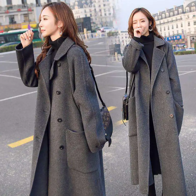 

Fashion Elegant Black Wool Coat Women 2023Autumn Winter New Loose Double-breasted Warm Long Overcoat Female Woolen Blends Jacket