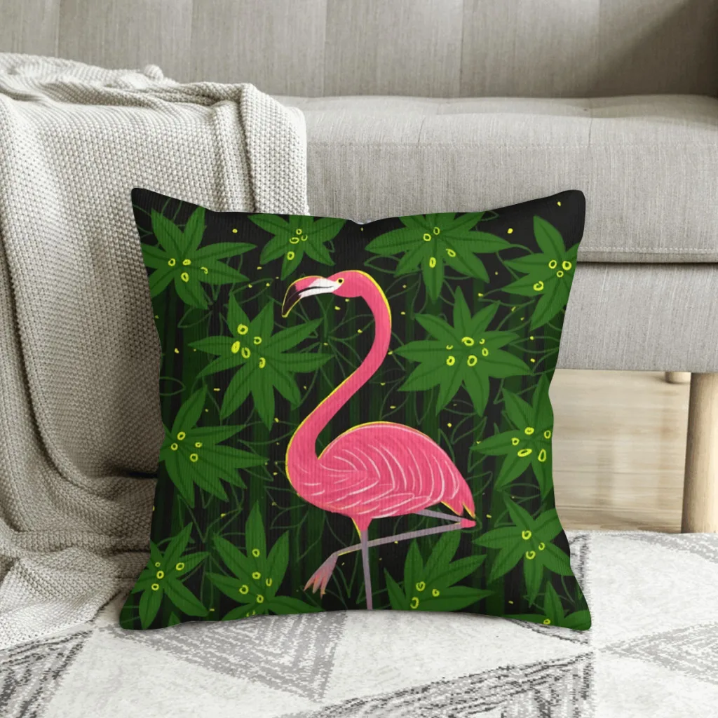 

Green Flowers Flamingo Boho Polyester Cushion Cover For Home Car Decorative Kawaii Hug Pillowcase