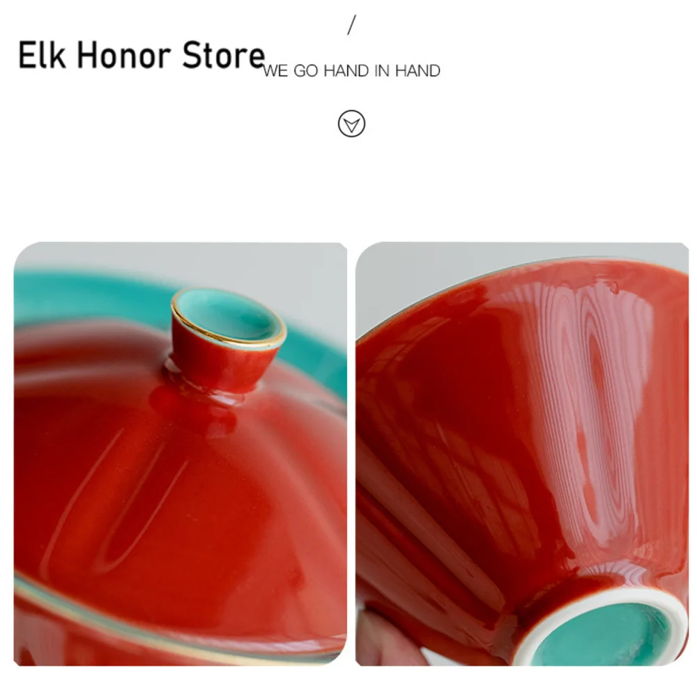 110ml Retro Palace Museum Red Ceramic Tea Tureen Bamboo Hat Non Hot Cover Bowl Chinese Tea Maker Gaiwan Ceremony Set
