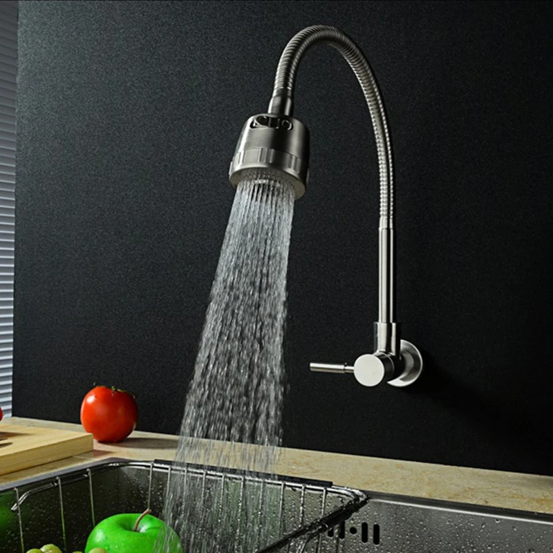 

304 Stainless Steel Kitchen Sink 360 Degree Rotating Brushed Nickel Wall/Deck Mount Single Cold Water Faucet Bathroom Sink Taps