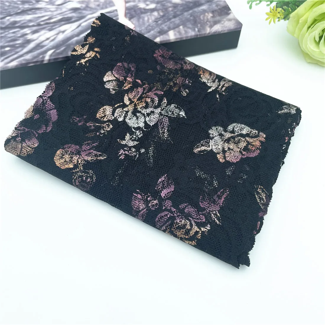 3y/lot Width 18cm Black Rosegold Shimmer Elastic Stretch Lace 2