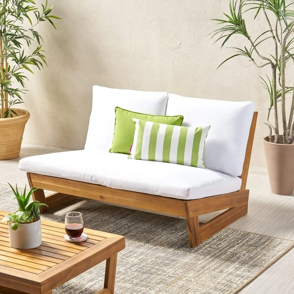 

Outdoor Acacia Wood Loveseat with Cushions, and White