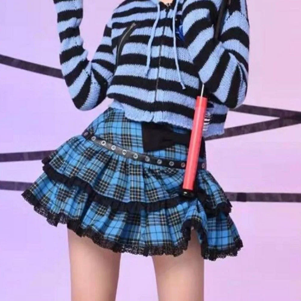2025 Blue Pink Ruffle Cake Kawaii Mini Summer Skirt High