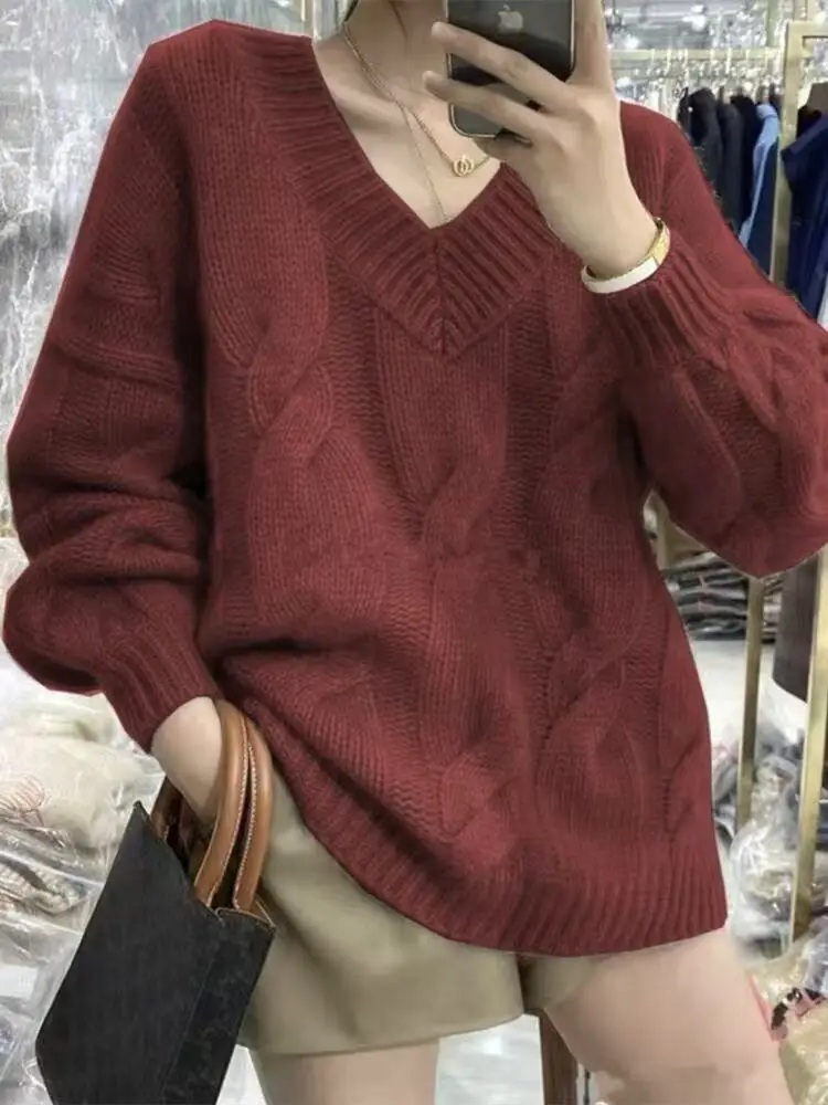 Autumn and Winter New Women's Clothing V-neck Retro Twist Women's Long-sleeved Sweater Elegant Solid Color Knitwear Pullovers
