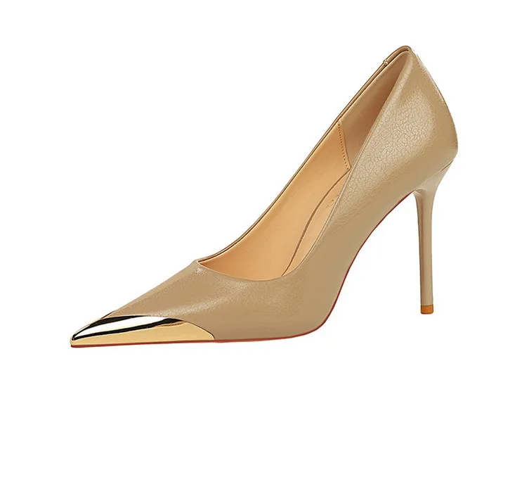 Shoes Metal Pointed Tip Women Pumps Fashion High Heels Ladies Shoes Stilettos Heels Pu Leather Female Pumps New