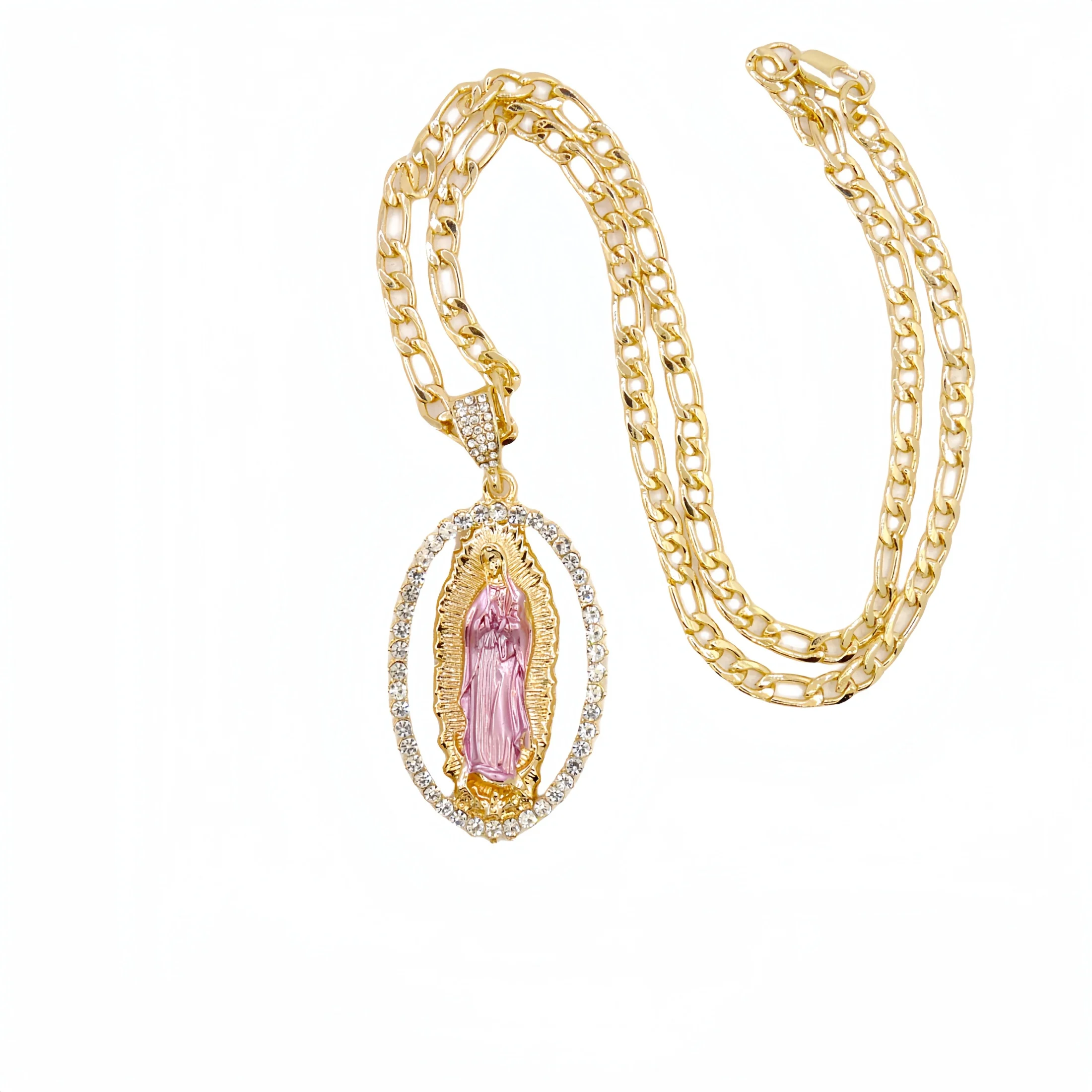 Bling Cartel Virgin Mary Our Lady Oval Pendant La Virgen De Guadalupe Iced Silver Tone 36 in Franco Chain Necklace