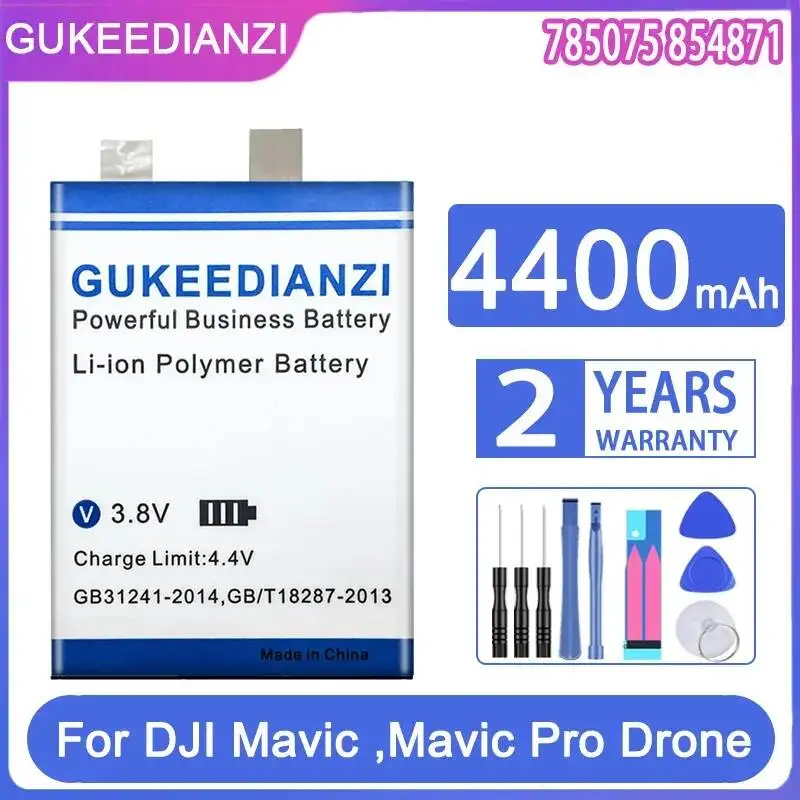 Batterie longue durée 4400mAh pour DJI Mavic Pro posée sur fond blanc, vue de dessus avec connecteurs visibles.