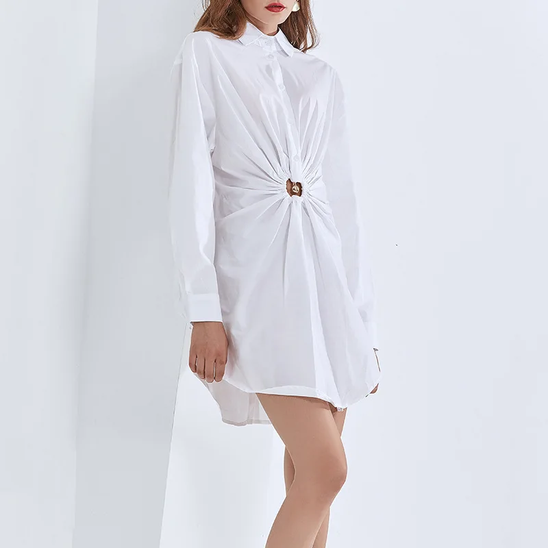 

fashiona waist pleated hollowed out shirt Dress For Women Spring White Color Full Sleeves Elegant Sexy Dresses