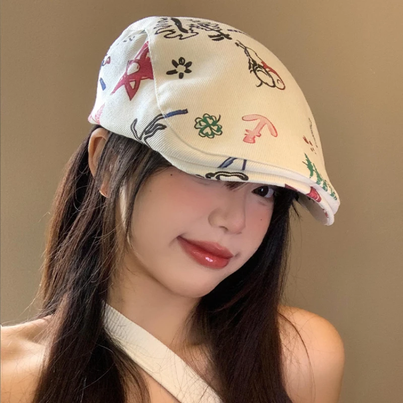 일본 레트로 그래피티 프린트 앞면 모자 여성용, 용수철 여름 인스타그램 패션, 다용도 캐주얼 자외선 차단 베레모 모자